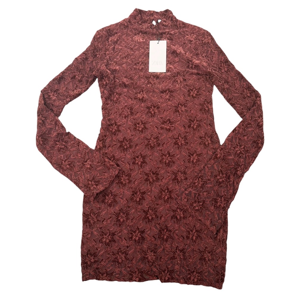 Zara Womens Floral Textured Lace Mock Neck Long Sleeve Mini Dress Size M
